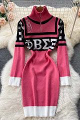 Sweater Dress Letters Print Stretchy Knitted Dress Zipper Fly Bodycon Dress