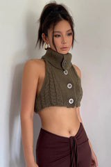 Sleeveless Knitted Button Lapel Tank Top