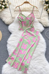 Print Beach Strap Camis Tops + Slim Wrap Hips Skirts Two Piece Suit