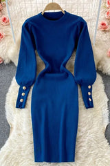 Dress Elegant Puff Sleeve Slim Elastic Knitted Sweater Dress