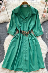 Elegant Dress Vintage Turn-down Collar Casual A-line Shirt Dress