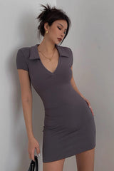 S-Shaped High Elastic Deep V-Lapel Short Sleeved Dress