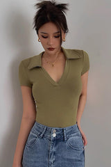 Deep V-Lapel Short Sleeved Low Cut Top