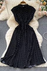 Dress Elegant Polka Dot Print Sleeveless High Waist Long Pleated Dress
