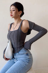 Square Neck Strap Slim Fit Long Sleeve Top Two Piece