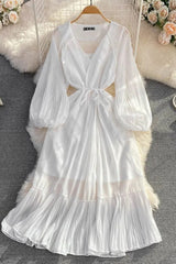 Dress Elegant Lace-up Ruffled Long Dress Lantern Sleeve Party Vestidos Dress