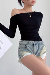 Oblique Shoulder Long Sleeve T-Shirt Pleated Waist Top