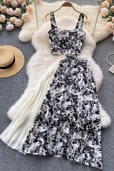 Floral Print Pleated Long Skirts + Straps Short Tops Vacation Two Piece Suits