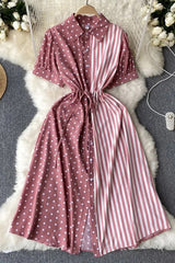 Dress Casual All Match Patchwork Dots and Stripes Print Shirt Dress Fake Two Piece Set