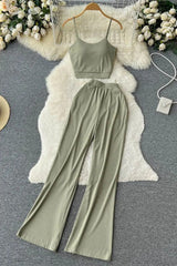 Two Piece Sets Casual All Match Straps Tops + High Waist Long Pants