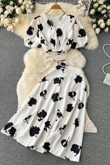 Floral Print Bandage Crop Tops + A-line Knee-length Skirts Two Piece Suits