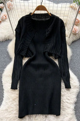 Knitted Straps Bodycon Mini Dress and Full Sleeve Short Cardigans Sweaters