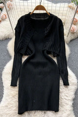 Knitted Straps Bodycon Mini Dress and Full Sleeve Short Cardigans Sweaters