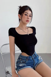 Square Collar Short Sleeved T-Shirt Top