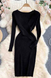 Lady Elegant V-neck Cross Slim Waist Dress Long Sleeve Knitted Sweater Dress