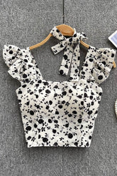 Square Neck Bow Ruffles Short Camisole Flower Ladies Elastic Waist Top