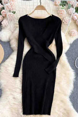 Lady Elegant V-neck Cross Slim Waist Dress Long Sleeve Knitted Sweater Dress
