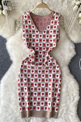 Romantic Heart Knitted Short Dress Casual V-neck Bodycon Dress