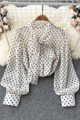 Polka Dot Blouse Sweet Bow Collar Long Sleeve Lady Tops Elegant Chiffon Shirts