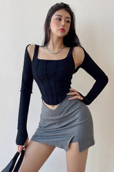Square Neck Strap Slim Fit Long Sleeve Top Two Piece