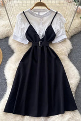 Shirt Dress Fake Two Piece Set Streetwear Midi Long Dress with Belt