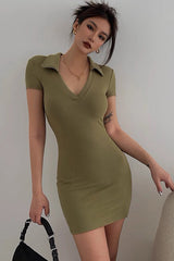 S-Shaped High Elastic Deep V-Lapel Short Sleeved Dress