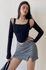 Square Neck Strap Slim Fit Long Sleeve Top Two Piece