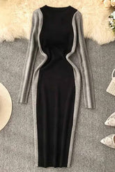 Contrast Color Bodycon Dress Knitted Knee Length Dress