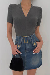High Elasticity V-Neck Short Sleeved Top