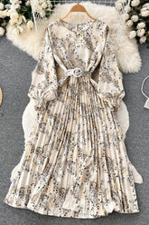 Dress Print Pleated Long Dress Female Elegant Sash Bandage Party Dress