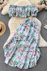 Dress Sets Off Shoulders Floral Print Crop Tops High Waist Ruffled Skirts Suits