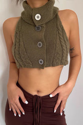 Sleeveless Knitted Button Lapel Tank Top
