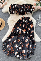 Dress Sets Off Shoulders Floral Print Crop Tops High Waist Ruffled Skirts Suits