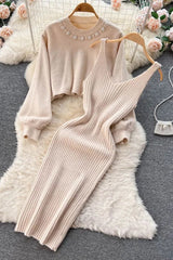 Elegant Pearl O-neck Knitted Sweaters + Strap Dress Two Piece Suits