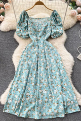Dress Ruffled Puff Sleeve Slim Lace Up Floral Print Long Dress
