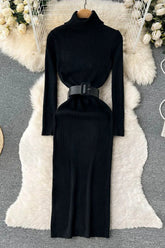 Knitted Elegant Turtleneck Long Sweater Dress with Belt Lady Package Hips Bodycon Dress