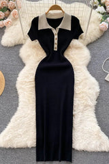 Dress Short Sleeve Slim Knitted Sweater Dress Casual Polo Buttons Long Dress