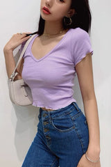 High Waist Top Elastic Tight V-Neck Short Sleeve T-Shirt