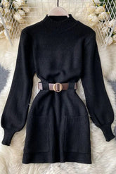 Sash Bandage Dress Elegant Puff Sleeve Knitted Short Dress