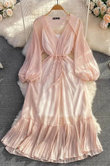 Dress Elegant Lace-up Ruffled Long Dress Lantern Sleeve Party Vestidos Dress