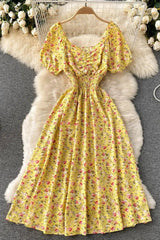 Dress V-Neck Puff Sleeve Floral Print Elastic Corset Dress