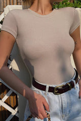 Elastic Tight Round Neck Short Sleeved T-Shirt Top