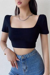 Square Collar Exposed Collarbone Short Sleeved T-Shirt