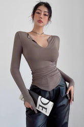 Waistband Large V-Neck Long Sleeved T-Shirt Tight Top