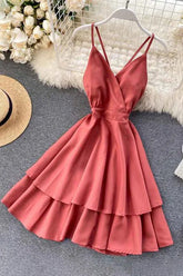 Backless Bow Bandage Beach Dress V-neck Strap Double Ruffles Short Dress