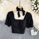 Bow Square Neck Short Sleeve Crop Top