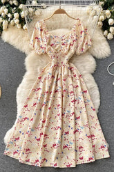 Dress V-Neck Puff Sleeve Floral Print Elastic Corset Dress