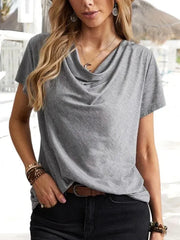 Solid Color Cowl Neck Loose Fit Short Sleeve T-Shirt
