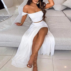 Off Shoulder Ruffle Crop Top & Floral Print High Slit Maxi Skirt 2 Piece Outfit Set