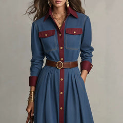 Color Block Denim Maxi Dress, Lapel Collar Long Sleeve Button Down Belted Pleated Shirt Dress